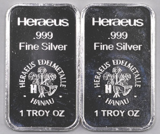 Group of (2) Heraeus 1oz. .999 Fine Silver Ingots / Bars