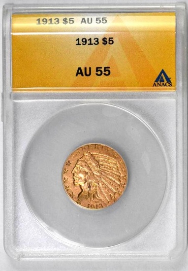 1913 P $5 Indian Gold (ANACS) AU55