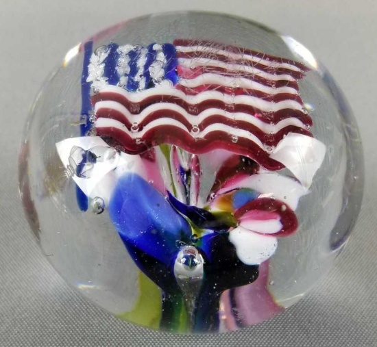 Vintage glass paperweight with American flag