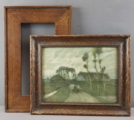 Framed lithograph of farm, oak frame