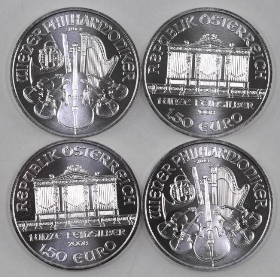 Group of (4) 2008 Austria Philharmonic 1oz. .999 Fine Silver