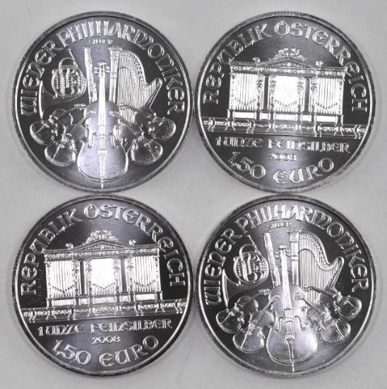 Group of (4) 2008 Austria Philharmonic 1oz. .999 Fine Silver