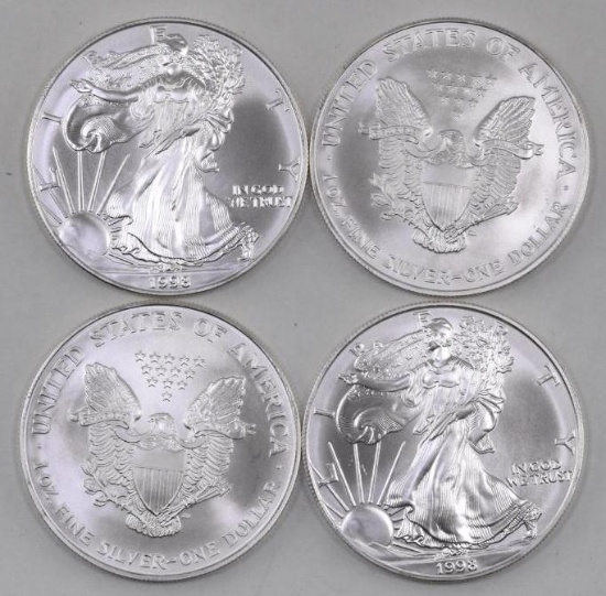 Group of (4) 1998 American Silver Eagles 1oz. .999 Fine Silver