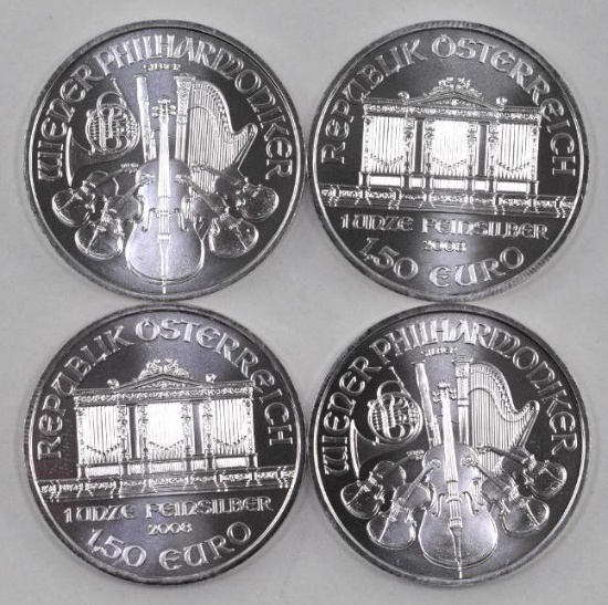 Group of (4) 2008 Austria Philharmonic 1oz. .999 Fine Silver