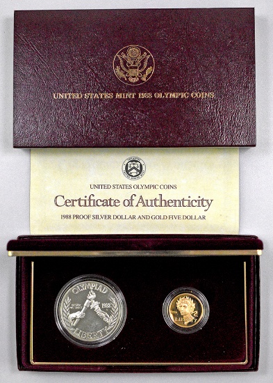 1988 2-Coin Olympic Silver Dollar & $5 Gold Commemorative
