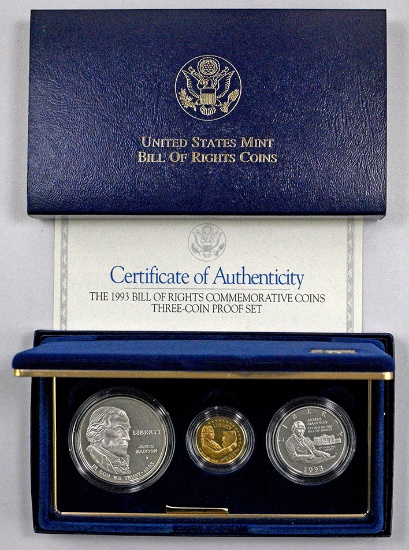1993 3-Coin Bill of Rights Commemorative Proof $5 Gold $1 Silver & Half Dollar