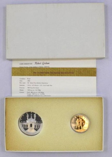 1984 Olympic 2-Coin Olympic Commemorative $10 Gold & Silver Dollar Proof