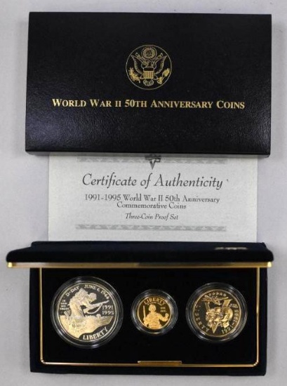 1995 3-Coin World War II 50th Anniversary Commemorative Half & Silver Dollar & $5 Gold Proof