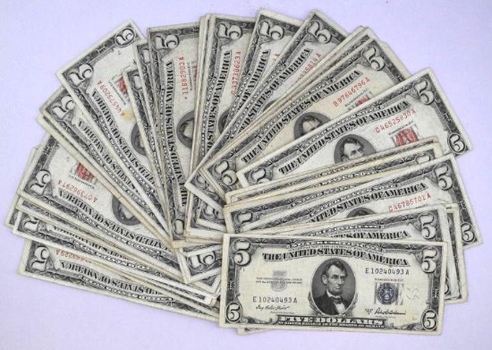 Group of (45) $5 Legal Tender & Silver Certificate Notes