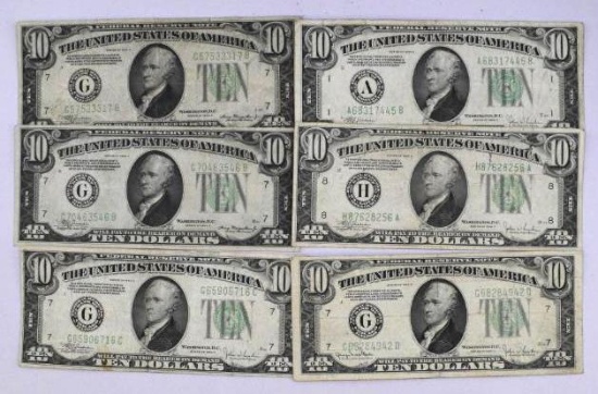 Group of (6) $10 Federal Reserve Notes 1934