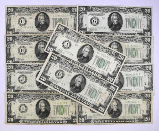 Group of (10) $20 Federal Reserve Notes 1934