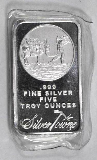 Silver Towne 5oz. .999 Fine Silver Ingot / Bar.