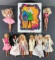Group of 9 Mattel Barbies and vintage doll trunk