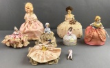 Group of 8 half doll pin cushions and more