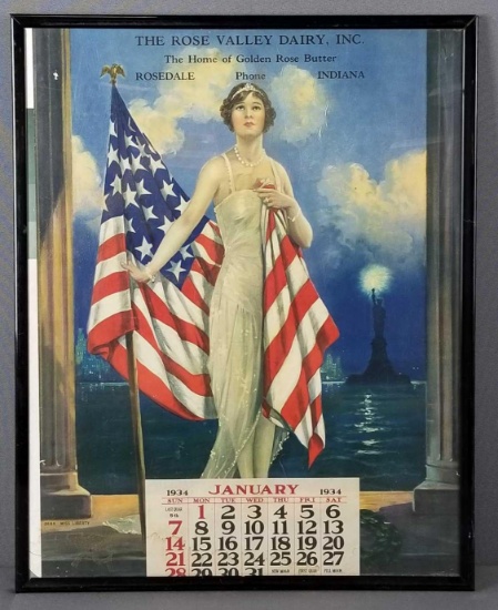 Framed lithograph patriotic 1934 calendar