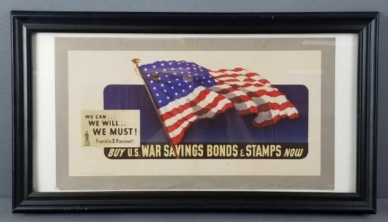 Framed US WW2 savings bonds and stamps poster