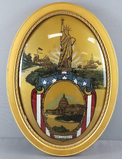 Vintage oval reverse painted convex glass patriotic painting