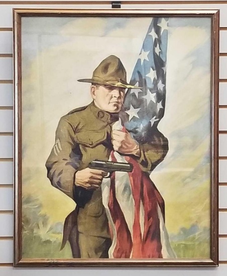 Framed vintage patriotic print of soldier protecting flag