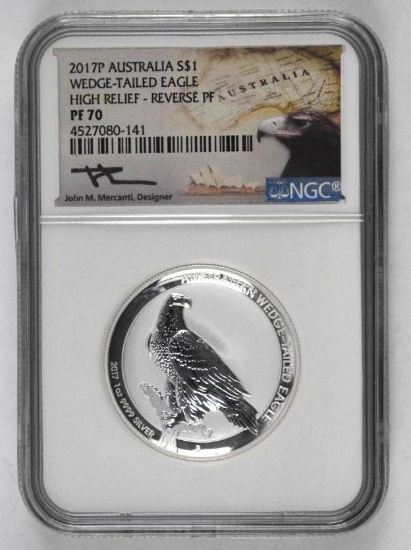 2017 P Australia Silver Wedge-Tailed Eagle High Relief Reverse Proof (NGC) PF70
