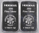 Group of (2) Heraeus 1oz. .999 Fine Silver Ingots / Bars