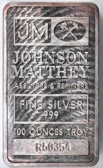 Johnson Matthey 100oz. .999 Fine Silver Ingot/Bar