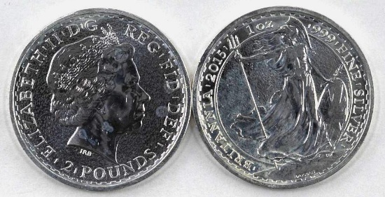Group of (2) 2015 Great Britain 2 Pound Britannia 1oz. .999 Fine Silver