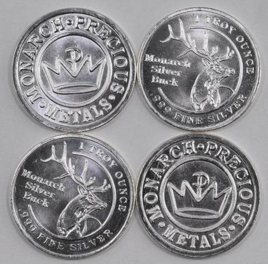 Group of (4) Monarch Silver Buck 1oz. .999 Fine Silver