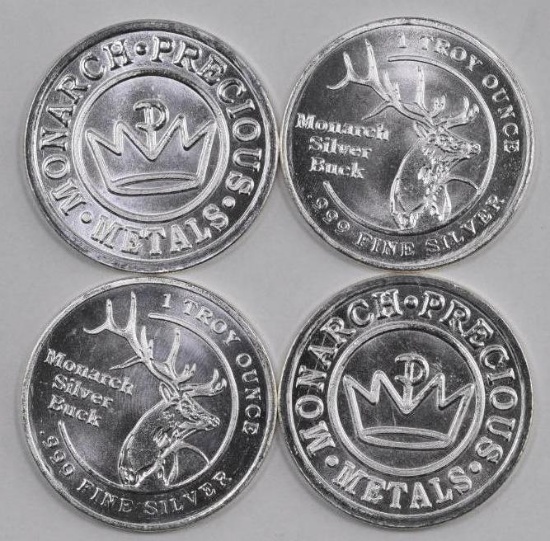 Group of (4) Monarch Silver Buck 1oz. .999 Fine Silver