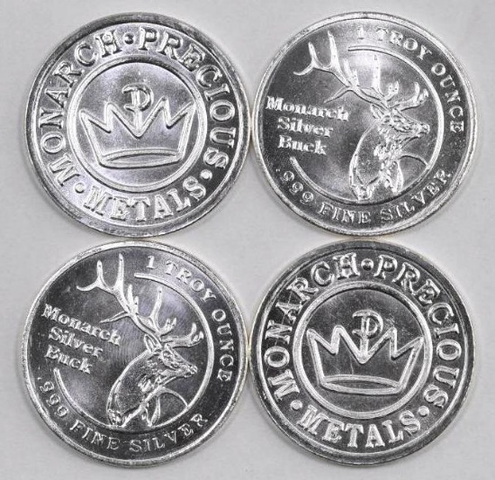 Group of (4) Monarch Silver Buck 1oz. .999 Fine Silver