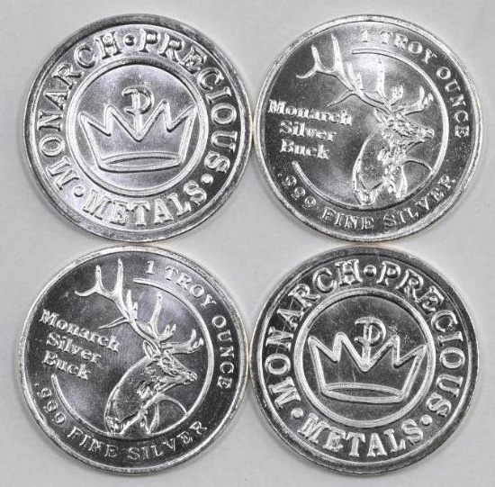 Group of (4) Monarch Silver Buck 1oz. .999 Fine Silver