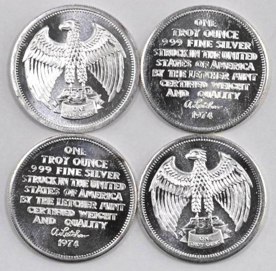 Group of (4) 1974 Letcher Mint 1oz. .999 Fine Silver Rounds