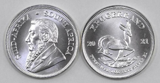 Group of (2) 2021 South Africa Krugerrand 1oz. Fine Silver