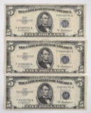 Group of (3) 1953-A $5 Silver Certificate Notes