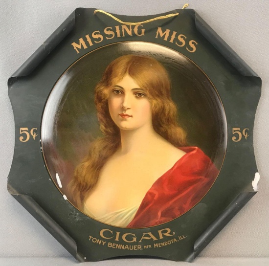 Antique tin Missing Miss Cigar advertising sign