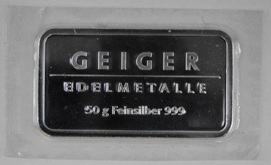 Geiger Edelmetalle 50 Gram. - (1.608 oz) .999 Fine Silver Ingot/Bar