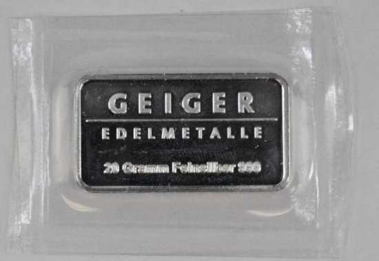 Geiger Edelmetalle 20 Gram. - (.643 Troy oz) .999 Fine Silver Ingot/Bar