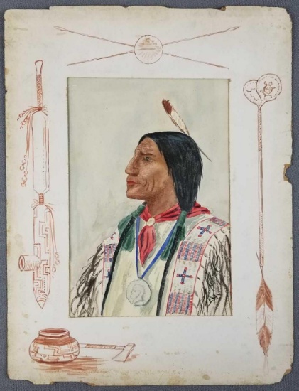 Vintage watercolor and hand drawn Native American art