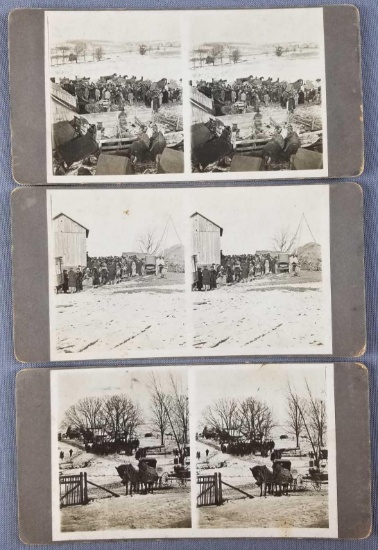 Group of 3 antique stereoscope cards featuring auction scenes