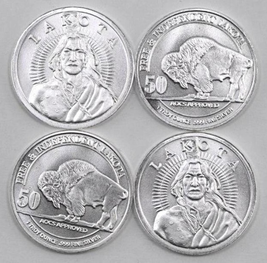 Group of (4) Lakota 1oz. .999 Fine Silver Rounds