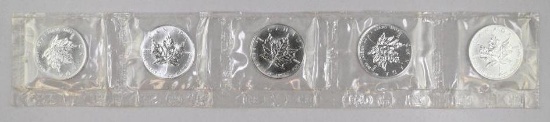 Group of (5) 1994 Canada Maple Leaf 1oz. .9999 Fine Silver