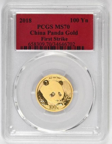 2018 China 100 Yuan Panda 8 Grams (.2572 Troy oz) .999 Fine Gold (PCGS) MS70