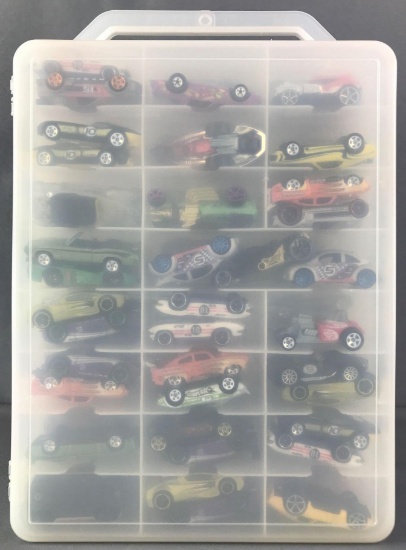 Group of Hot Wheels Die Cast Vehicles in Case