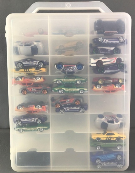 Group of Hot Wheels Die Cast Vehicles in Case