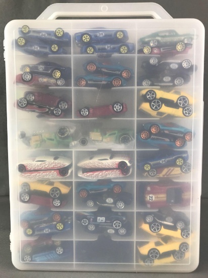 Group of Hot Wheels Die Cast Vehicles in Case