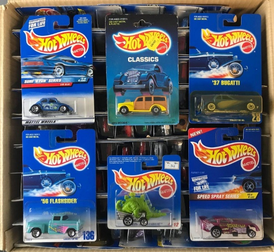 Full shipping box of assorted Hot Wheels die-cast vehicles