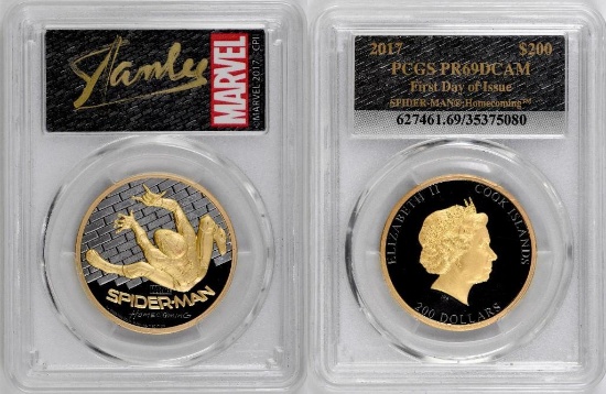 Stan Lee Signed! 2017 $200 Cook Islands Spiderman Homecoming 1oz. .9999 Fine Gold (PCGS) PR69DCAM