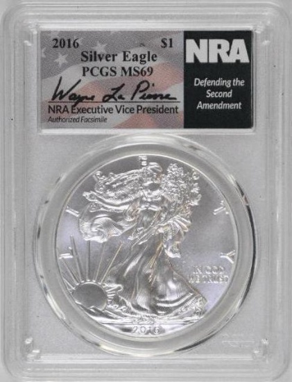 2016 P American Silver Eagle 1oz. (PCGS) MS69 Wayne LaPierre Signed