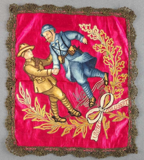 WW1 US French Friendship Silk Handkerchief w Gold Trim
