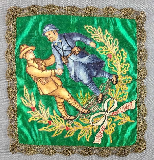 WW1 US French Friendship Silk Handkerchief w Gold Trim