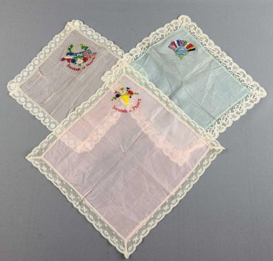 Group of 3 WW1 French Embroidered Silk Handkerchiefs